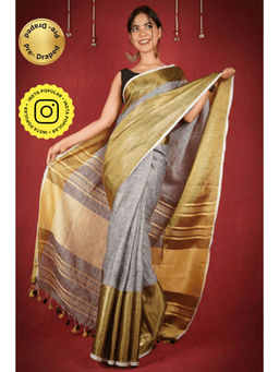 Isadora Life - Womens Woven Zari Grey Pre-Draped Saree with Unstitched Blouse