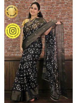 Isadora Life - Womens Bandhani Printed Black Pre-Draped Saree with Unstitched Blouse