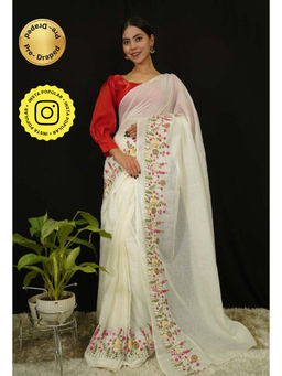 Isadora Life - Womens Embroidered Thread Work White Pre-Draped Saree with Unstitched Blouse