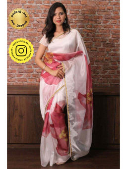 Isadora Life - Womens Floral Beads White Pre-Draped Saree with Unstitched Blouse