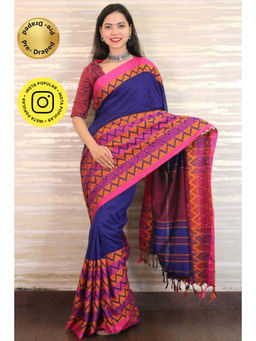 Isadora Life - Womens Woven Tassels Blue Pre-Draped Saree with Unstitched Blouse