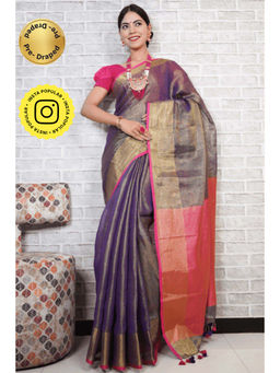 Isadora Life - Womens Solid Tassels Blue Pre-Draped Saree with Unstitched Blouse