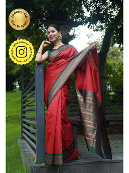 Isadora Life - Womens Solid Zari Red Pre-Draped Saree with Unstitched Blouse