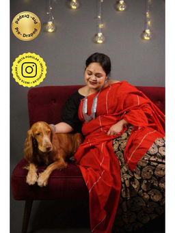 Isadora Life - Womens Printed Red Pre-Draped Saree with Unstitched Blouse