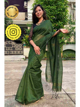 Isadora Life - Womens Woven Tassels Green Pre-Draped Saree with Unstitched Blouse