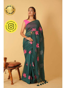Isadora Life - Womens Embroidered Tassels Green Pre-Draped Saree with Unstitched Blouse