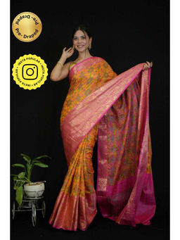 Isadora Life - Womens Floral Zari Yellow Pre-Draped Saree with Unstitched Blouse
