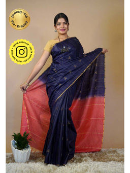 Isadora Life - Womens Stripes Tassels Navy Blue Pre-Draped Saree with Unstitched Blouse