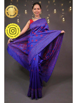 Isadora Life - Womens Embroidered Thread Work Purple Pre-Draped Saree with Unstitched Blouse
