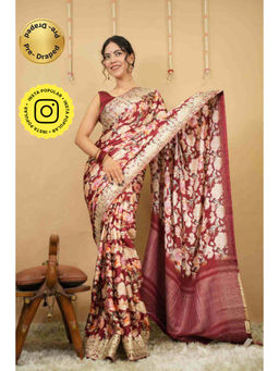 Isadora Life - Womens Floral Embroidered Maroon Pre-Draped Saree with Unstitched Blouse