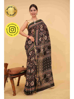 Isadora Life - Womens Block Print Black Pre-Draped Saree with Unstitched Blouse