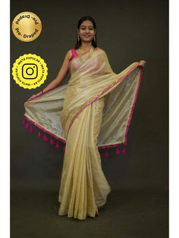 Isadora Life - Womens Solid Tassels Beige Pre-Draped Saree with Unstitched Blouse