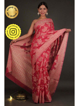 Isadora Life - Womens Floral Woven Pink Pre-Draped Saree with Unstitched Blouse