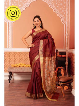 Isadora Life - Womens Woven Tassels Maroon Pre-Draped Saree with Unstitched Blouse