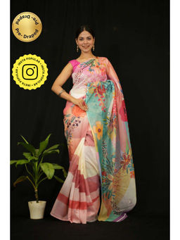 Isadora Life - Womens Floral Printed Multi-Color Pre-Draped Saree with Unstitched Blouse