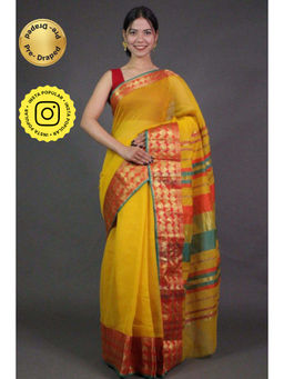Isadora Life - Womens Woven Zari Yellow Pre-Draped Saree with Unstitched Blouse