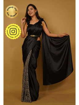 Isadora Life - Womens Animal Printed Black Pre-Draped Saree with Unstitched Blouse