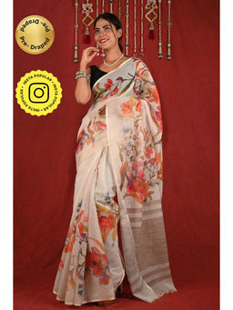 Isadora Life - Womens Floral Printed Off White Pre-Draped Saree with Unstitched Blouse