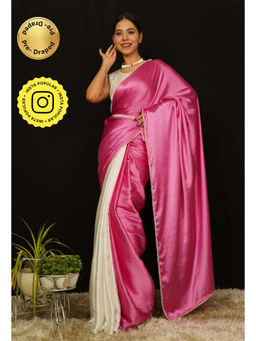 Isadora Life - Womens Solid Lace Work Pink Pre-Draped Saree with Unstitched Blouse