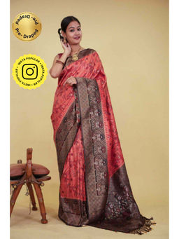 Isadora Life - Womens Woven Tassels Peach Pre-Draped Saree with Unstitched Blouse