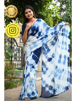 Isadora Life - Womens Tie & Dye Sequined Blue Pre-Draped Saree with Unstitched Blouse