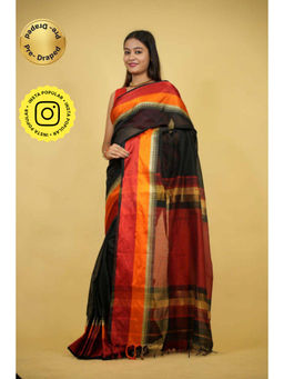 Isadora Life - Womens Woven Tassels Black Pre-Draped Saree with Unstitched Blouse