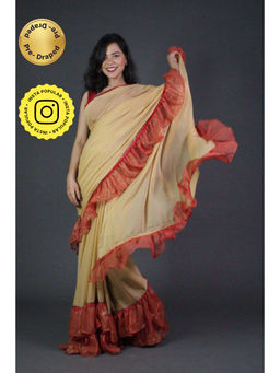 Isadora Life - Womens Solid Embroidered Beige Pre-Draped Saree with Unstitched Blouse