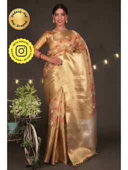 Isadora Life - Womens Floral Woven Gold Pre-Draped Saree with Unstitched Blouse