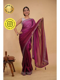 Isadora Life - Womens Beads Sequined Purple Pre-Draped Saree with Unstitched Blouse
