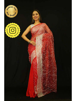 Isadora Life - Womens Beads Sequined Red Pre-Draped Saree with Unstitched Blouse