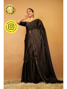 Isadora Life - Womens Solid Beads Black Pre-Draped Saree with Unstitched Blouse