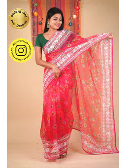 Isadora Life - Womens Floral Embroidered Pink Pre-Draped Saree with Unstitched Blouse
