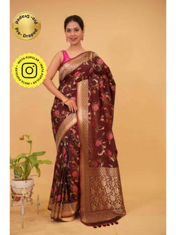 Isadora Life - Womens Floral Woven Brown Pre-Draped Saree with Unstitched Blouse