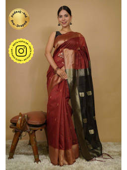 Isadora Life - Womens Woven Zari Brown Pre-Draped Saree with Unstitched Blouse