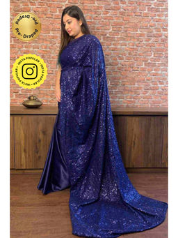 Isadora Life - Womens Sequined Blue Pre-Draped Saree with Unstitched Blouse
