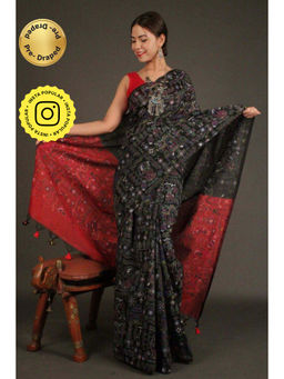 Isadora Life - Womens Printed Tassels Black Pre-Draped Saree with Unstitched Blouse