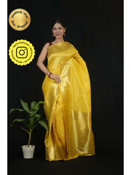 Isadora Life - Womens Woven Zari Yellow Pre-Draped Saree with Unstitched Blouse