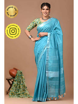 Isadora Life - Womens Woven Tassels Blue Pre-Draped Saree with Unstitched Blouse