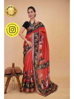Isadora Life - Womens Graphic Printed Pink Pre-Draped Saree with Unstitched Blouse