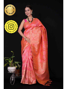 Isadora Life - Womens Woven Zari Pink Pre-Draped Saree with Unstitched Blouse