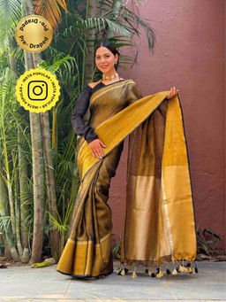 Isadora Life - Womens Solid Tassels Brown Pre-Draped Saree with Unstitched Blouse