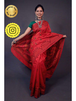 Isadora Life - Womens Embroidered Thread Work Red Pre-Draped Saree with Unstitched Blouse