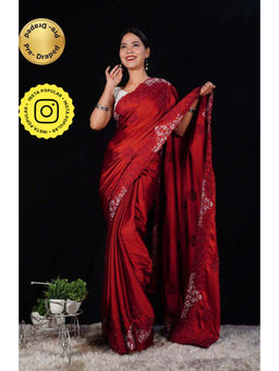 Isadora Life - Womens Sequined Embroidered Maroon Pre-Draped Saree with Unstitched Blouse