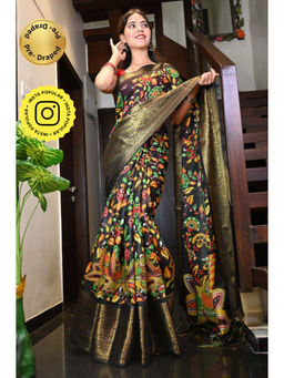 Isadora Life - Womens Floral Printed Black Pre-Draped Saree with Unstitched Blouse