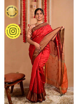 Isadora Life - Womens Woven Tassels Red Pre-Draped Saree with Unstitched Blouse