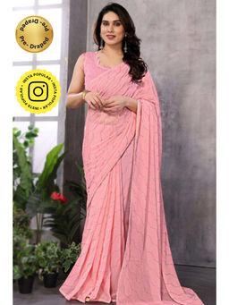 Isadora Life - Womens Beads Sequined Pink Pre-Draped Saree with Unstitched Blouse