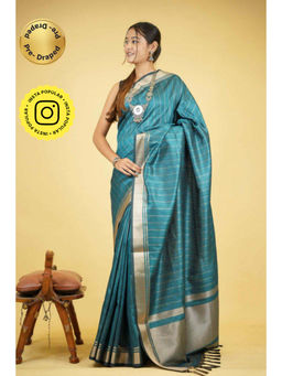 Isadora Life - Womens Stripes Zari Blue Pre-Draped Saree with Unstitched Blouse
