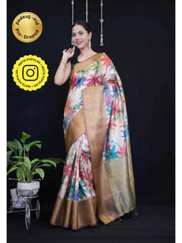 Isadora Life - Womens Floral Tassels Multi-Color Pre-Draped Saree with Unstitched Blouse