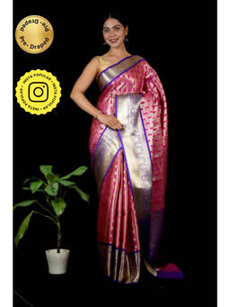Isadora Life - Womens Woven Zari Pink Pre-Draped Saree with Unstitched Blouse