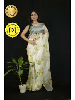 Isadora Life - Womens Floral Printed Cream Pre-Draped Saree with Unstitched Blouse